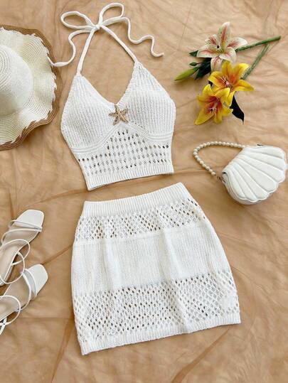 Franclia New Summer Beach Vacation Bohemian Casual Everyday Lazy Weekend Retro Relaxed High-End Atmosphere Versatile Minimalist Elegant Solid Color Sexy Bikini Evening Date Elegant Lady European And American Style Women Knitted Two Pieces Set