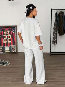 Muchica 女士夏季新款字母刺绣宽松短袖T恤和裤子套装 - 灰色 - 查看 2