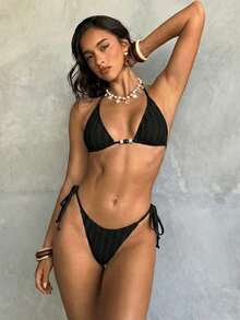 Aloruh Women's Summer New Tie-Dye Printed Bikini Set, Sexy Party Music Festival Iridescent Shell Decor Ladies Swimwear, Women's Beach Vacation Outfit - Black - View 6
