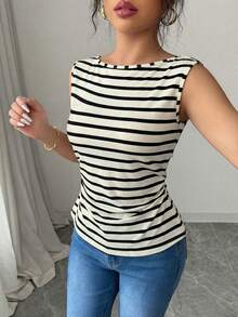 Elenzga Women's Autumn/Winter Loose Collar Flare Sleeve Pleated Ribbed Ribbed Top - Black and White - View 5