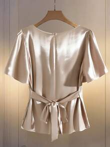 Modelyn Plus Size Solid Color Minimalist Daily Wear Draped Neck Short Sleeve Shirt - Champagne - View 8