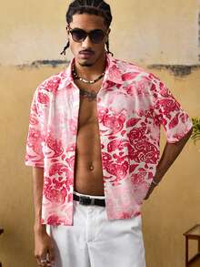 ROMWE MEN Casual Áo sơ mi nam tay ngắn cổ bẻ, chất liệu jacquard, cài một hàng khuy, kiểu dáng thường ngày, đa năng. - Hồng - Xem 1