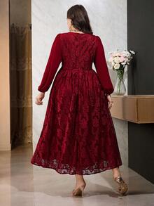 Modelyn Plus Size Women Floral Jacquard Round Neck Lantern Sleeve Elegant Dress Fall - Burgundy - View 3