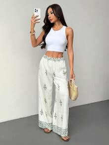 SHEIN PETITE Women's Print Wide Leg Pants, Summer - White - View 6