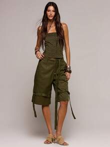 MUSERA Stitching Detail Fitted Strapless Crop Top Spring Summer Sexy Date Night Club Festival Holiday Night Out Vacation Soul Ties - Army Green - View 5