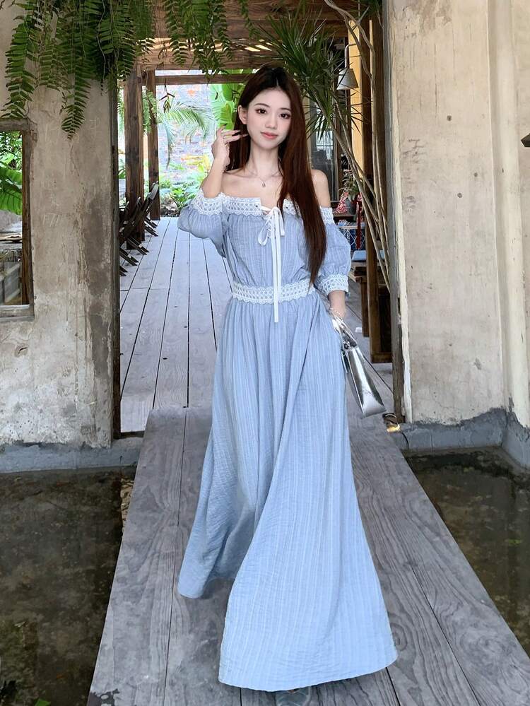 Women's Vacation Casual Lace Trim Off-Shoulder Long Dress