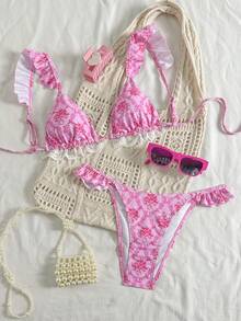 Swim Mod 2026春夏女士沙滩套装，两件套比基尼，春夏沙滩度假下午茶野餐清新甜美可爱复古碎花印花，精致蕾丝拼接，荷叶边可调节肩带三角比基尼上衣，粉色，甜美可爱，优雅淑女风，适合沙滩、度假、日常穿着 - 粉色 - 查看 7