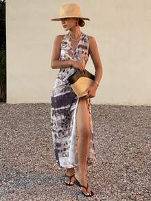 DAZY 复古印花露背系带斜领休闲度假连衣裙，女士夏季连衣裙 - 棕色 - 查看 6