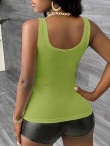 Slaydiva Casual Basic Racerback Sleeveless Deep V-Neck Ribbed Tank Top, Green - Olive Green - View 2