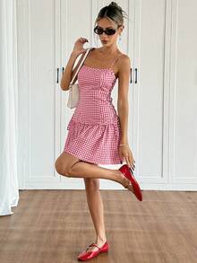 Ritzy Row 女士休闲格子吊带迷你连衣裙，夏季 - 粉色 - 查看 8