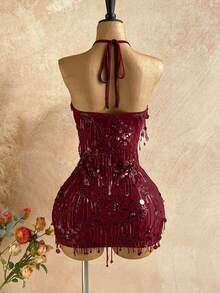 Soleia Women's Sexy V-Neck Spaghetti Strap Tie Backless Sequin Mini Dress, Suitable For Christmas, Date Night, Nightclub, Beach, Cruise, Afternoon Tea, Bohemian, Boho, Vacation - Burgundy - View 2