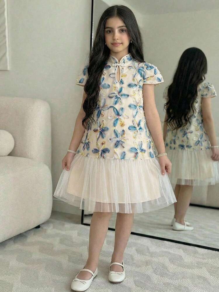 SHEIN فستان بنات المراهقات ذو تصميم أنيق وعصري مزين بزخارف زهرية ثلاثية الأبعاد من الشبك - متعدد الألوان - مشاهدة 1