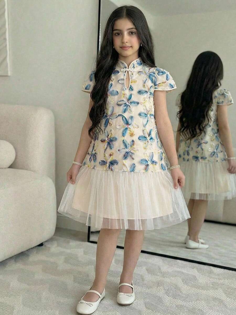 SHEIN Tween Girls' Fashionable & Elegant Mesh Patchwork 3D Floral Decor Dress Floral Mesh Dress For Girls Tulle Dress For Girls Cute Kids Jacquard Dresses - Multicolor - View 1