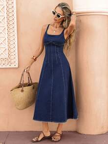 Selianne 女士优雅高端收腰无袖牛仔连衣裙，法式风格 - 深色水洗藍 - 查看 4