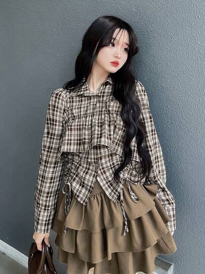 FRIFUL 女士春夏格子叠层衬衫领吊带背心，褶裥装饰，宽松休闲百搭两件套