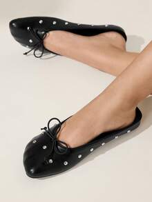 CUCCOO CHICEST Dép lê nữ kiểu mule, mũi tròn, đế bằng, phong cách Pháp, có nơ trang trí, thích hợp cho mùa hè. - màu đen - Xem 2