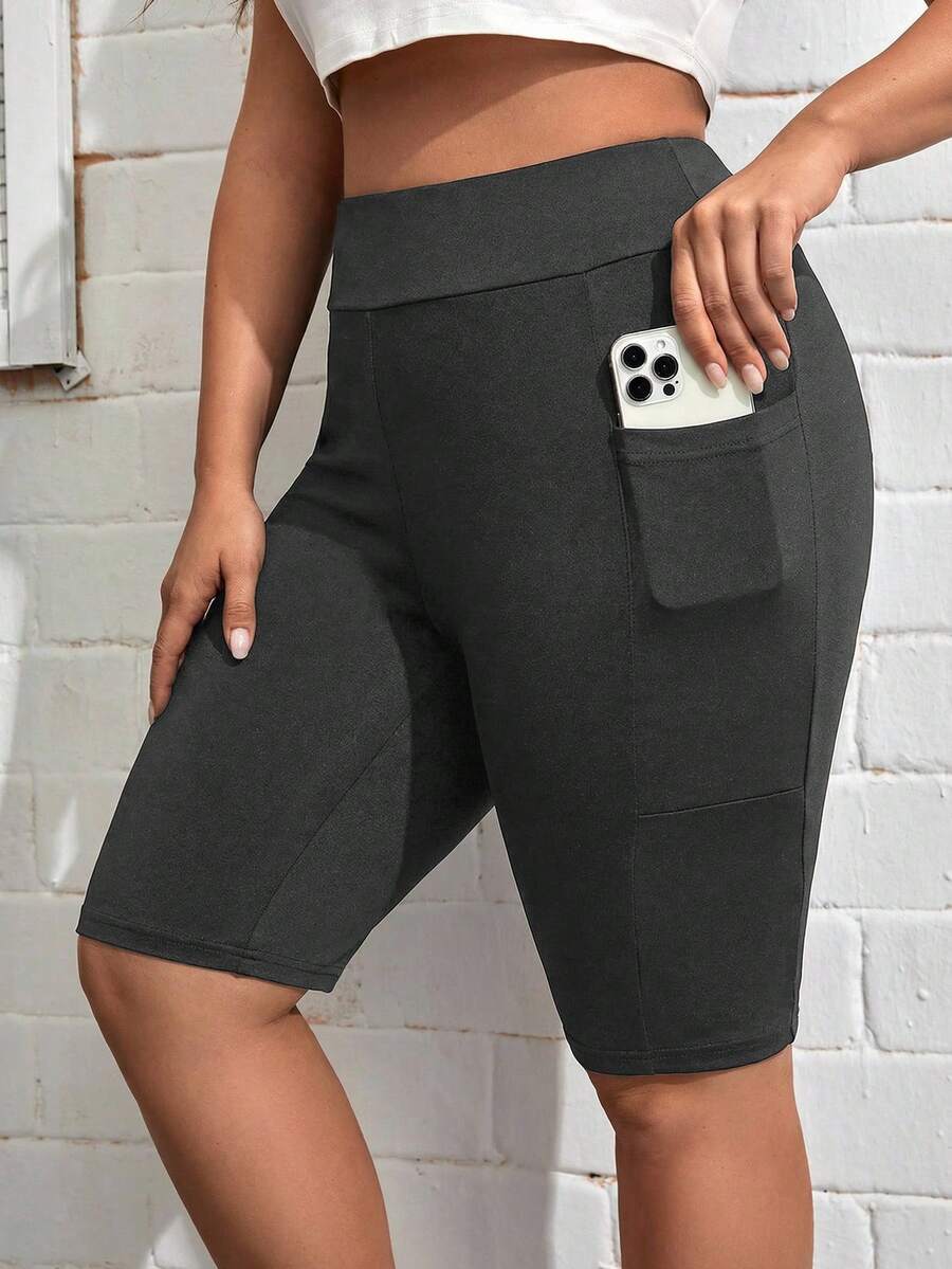 SHEIN Essnce Plus Size Casual Comfortable Multi-Pocket Leggings - Grey - View 1