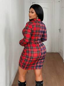 Maweii Plus Size Women Sexy Elegant Plaid Patchwork Drawstring Long Sleeve Mini Dress - Multicolor - View 2