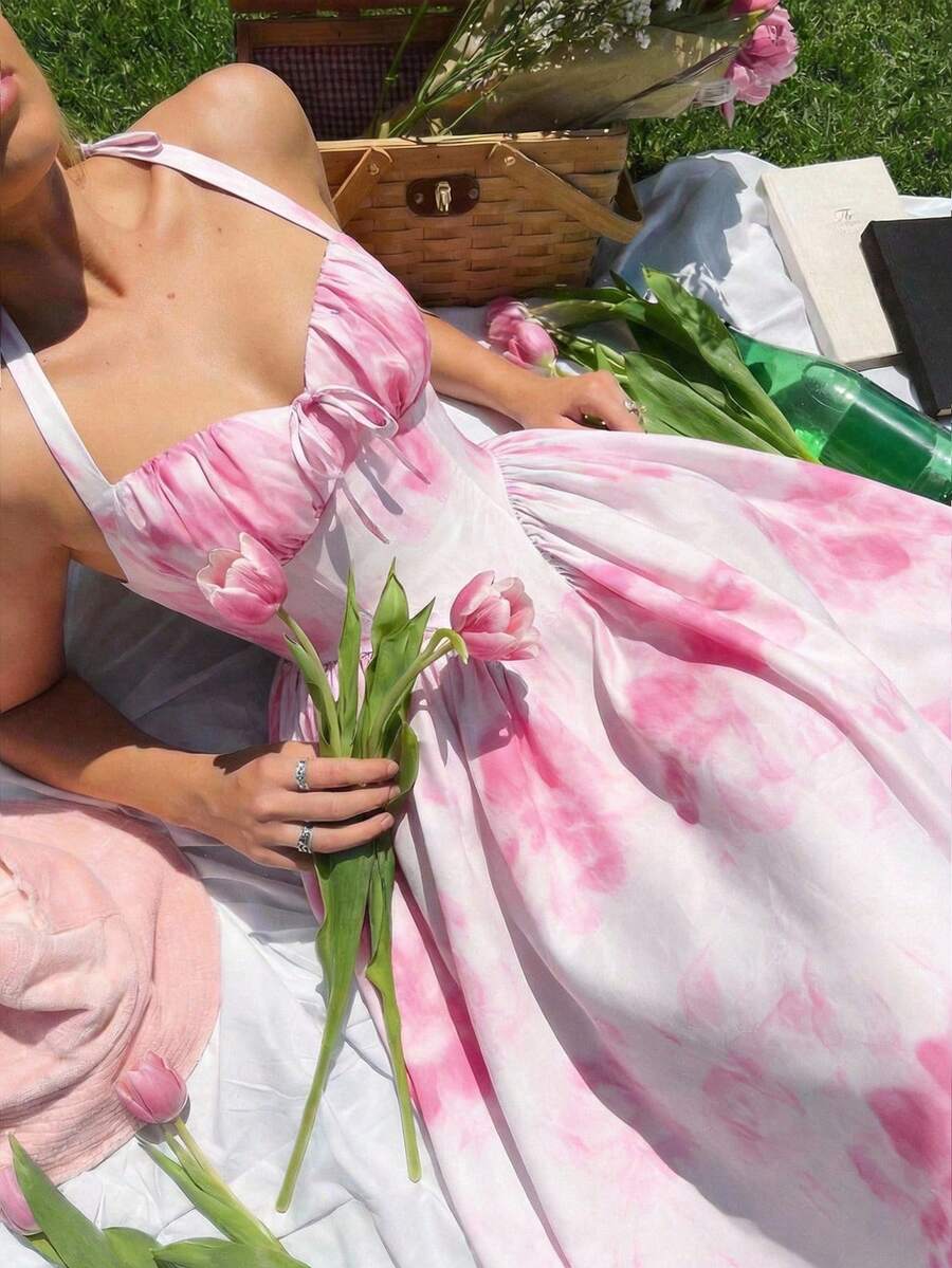 SHEIN MOD 女士扎染印花腰部系带前褶皱连衣裙 - 粉色 - 查看 1