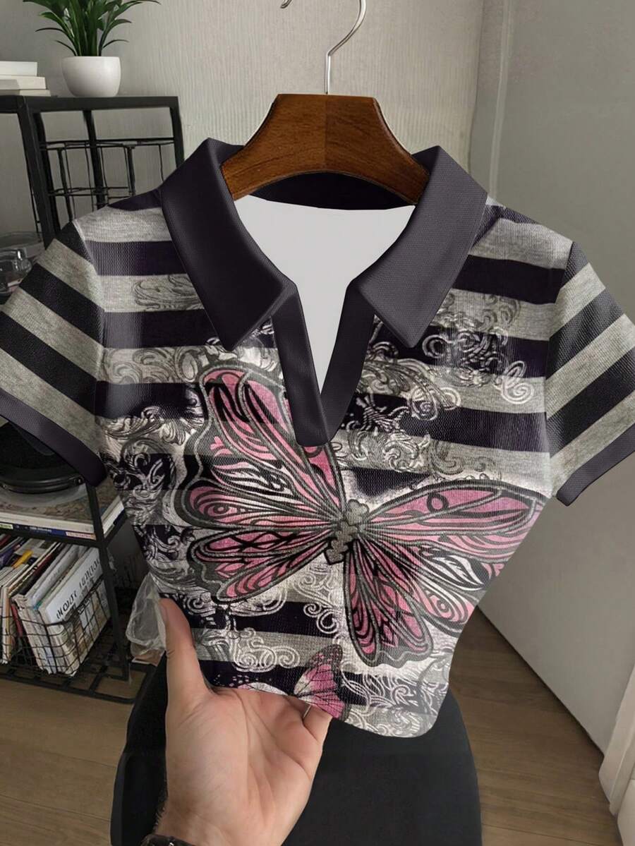 Rovax 女士蝴蝶条纹印花休闲短袖上衣，夏季 - 灰色 - 查看 1