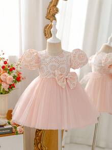 Glamorique Kids Baby Girls' Pink Summer Elegant Birthday Princess Party Dress,Jacquard Hem Mesh Patchwork Bubble Short Sleeve Round Neck,Waist Bow Decor,Flower Girl - Pink - View 9