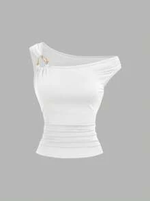 SHEIN Elenzya 大码不对称领修身T恤，百搭休闲上衣，春夏款 - 白色 - 查看 4