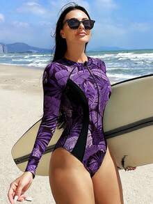 Swim SPRTY Women's Vacation Beach Plant Print One-Piece Swimsuit - Purple - View 6
