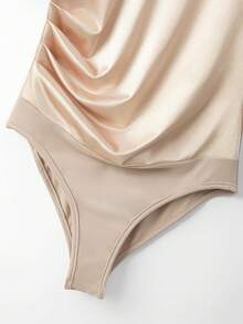 Franclia Women's Rhinestone Decorated Short Sleeve Bodysuit Satin - Champagne - View 5