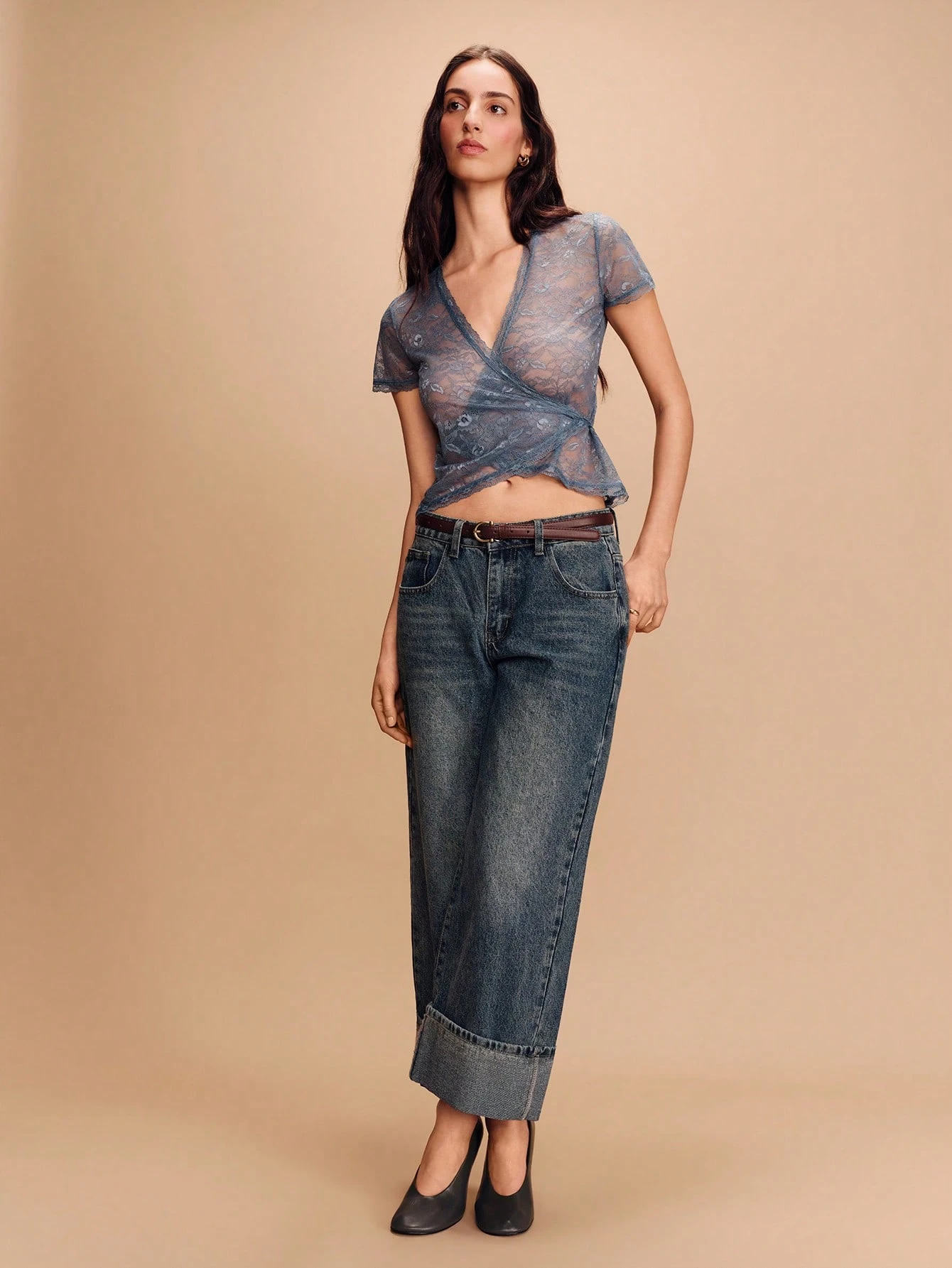 Soft Sheer Lace Wrap Tee With Deep V Neckline And Fitted Silhouette Spring Summer French Style Parisian Style Going Out Blue Cute Top