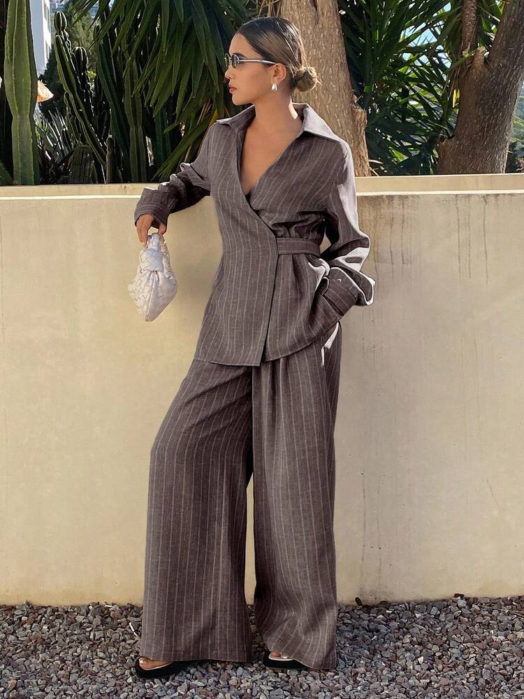 Livesso Spring & Summer Loose Business Casual Vacation Style Fashion Office Wear Striped Cinched Waist V-Neck Blouse And Wide Leg Casual Pants 2-Piece Set For Women - Brown - View 4