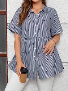 EMERY ROSE Plus Size Open Front Raglan Short Sleeve Striped Bow Print Smock Shirt\Summer\Vacation - Navy Blue - View 5