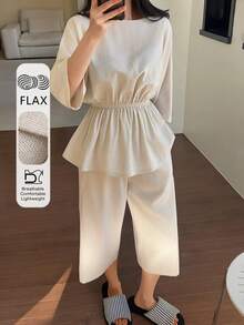 DAZY Women's Simple Linen Waist Cinched Loungewear Set - Beige - View 4