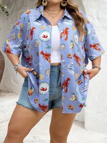 SHEIN CURVE+ Áo sơ mi nữ dáng rộng, in họa tiết trái cây, cỡ US22, thích hợp cho lễ hội âm nhạc, kỳ nghỉ bên bờ biển, phong cách Bohemia. - Màu xanh lam - Xem 4