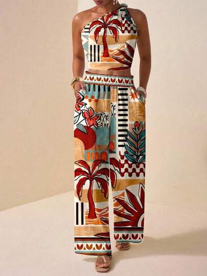 Zivah 春夏新款生日派对返校学生日常街头百搭休闲度假单肩扭结印花上衣搭配直筒宽松裤，荷叶边设计，带真口袋夏季女式两件套印花套装女式两件套夏季嘉年华服装