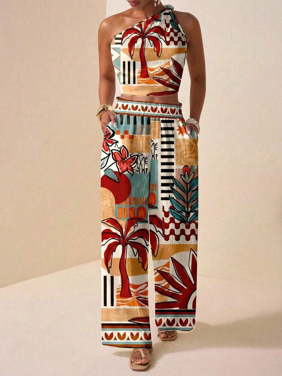 Zivah 春夏新款生日派对返校学生日常街头百搭休闲度假单肩扭结印花上衣搭配直筒宽松裤，荷叶边设计，带真口袋夏季女式两件套印花套装女式两件套夏季嘉年华服装 - 彩色 - 查看 1