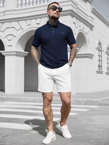 Manfinity CasualCool 大码男士夏季短袖休闲通勤 Polo 衫 - 藍色 - 查看 6
