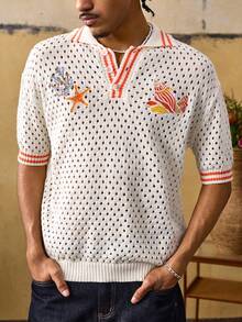 ROMWE MEN Men's Hollow Graphic Striped Print Short Sleeve Knit Top - Multicolor - View 1