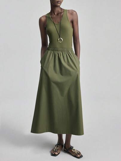 Ontre Women's Sleeveless Green Splice 2 In 1 Dress, Elegant For Wedding Guest, Minimalist Romantic French Style, Luxury Urban Chic Business Casual Office Wear, Low-Key Vintage High-End, City Commute High-Quality Airport Cruise Outfit Essential, Versatile Seasonal Dress For Wedding Series