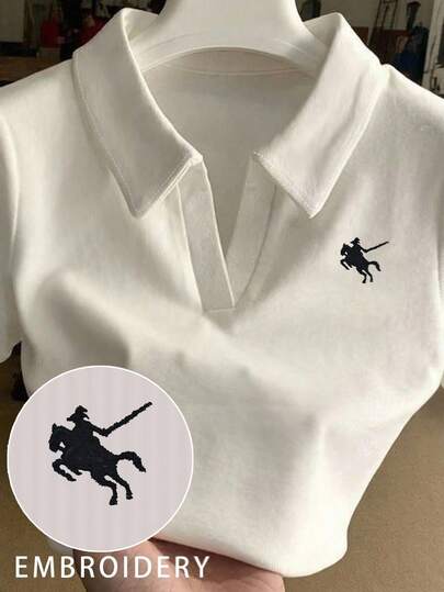 EMERY ROSE Plus Size Women Summer Casual Daily Office Commute Minimalist Versatile Knight Embroidery V-Neck Short Sleeve T-Shirt