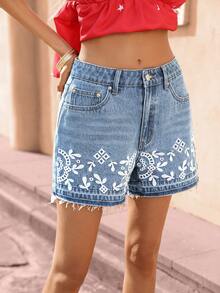 Selianne Women's Casual Embroidered Denim Shorts - Blue - View 1