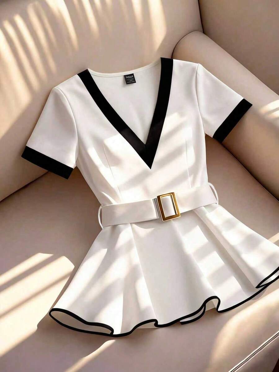 Franclia Women's Elegant V-Neck Metallic Belted Black And White Color-Blocked Blouse, A Stylish Workwear Piece, Suitable For Summer. Vacation, Women's Casual Top - Black and White - View 1
