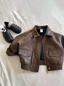 SHEIN Áo khoác xe máy dệt dày, cổ vá PU thoải mái, đa năng, tiện dụng cho trẻ em/bé trai, thích hợp mặc hàng ngày, đi học, làm vườn, đi biển, sinh nhật, mùa xuân, mùa hè, mùa thu, mùa đông - Đồng - Xem 8