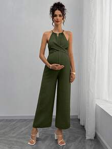 Momance Maternity Jumpsuit With Wooden Bead Halter Neck, Tie Front Waist Bow Detail, Full Length Pants - Green - View 3