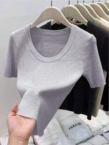 SHEIN 优雅低领极简纯色百搭短袖上衣 - 淺灰色 - 查看 1