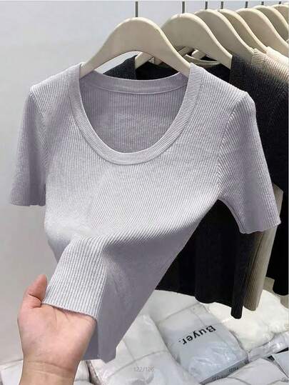 Resyla 优雅低领极简纯色百搭短袖上衣