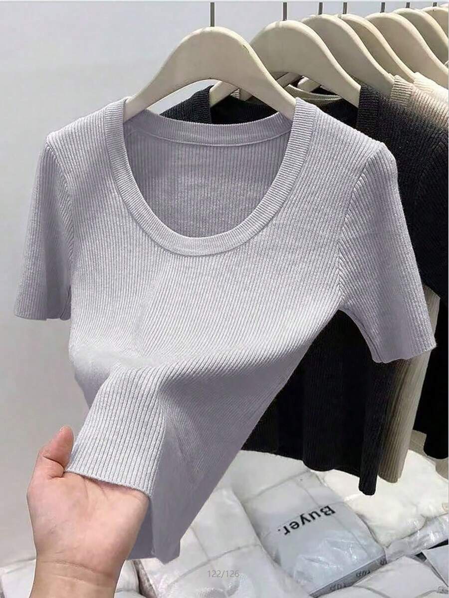 SHEIN 优雅低领极简纯色百搭短袖上衣 - 淺灰色 - 查看 1