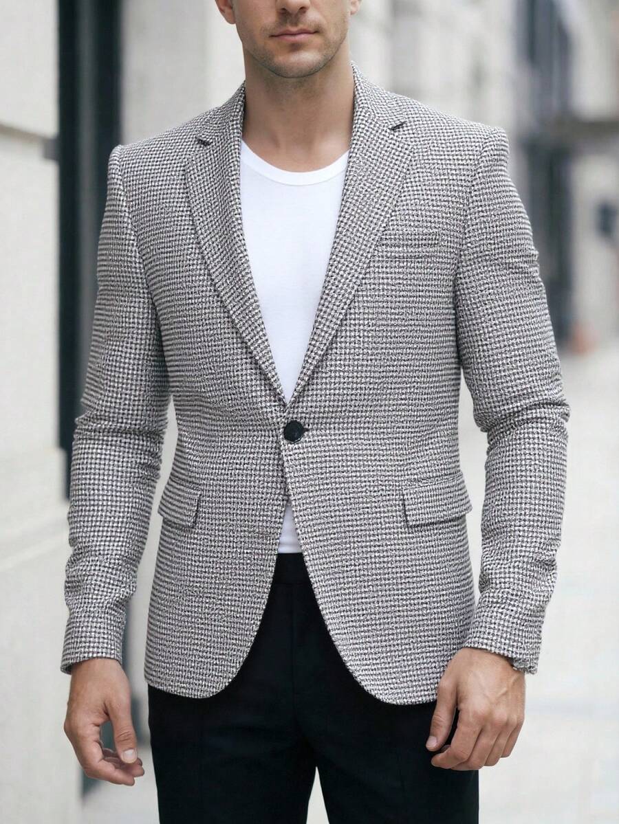 Manfinity Mode 男士休闲通勤款单排扣翻领西装外套，秋冬款 - 黑與白 - 查看 1