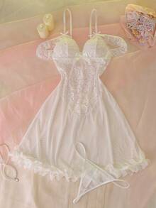 DelicateAllure 2pcs Romantic Lace Patchwork Mesh Sexy Dress Set - White - View 6
