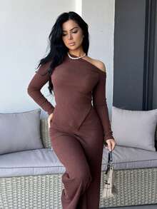 Vassilux Women's Casual Asymmetrical Shoulder Fuzzy T-Shirt + Wide Leg Low Waist Pants 2 Pieces Set, Winter Fall Cloth For Women - Brown - View 5