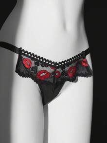 Bragas tipo tanga de mujer con lazo de encaje y cinta estilo clásico y sexy para el Día de San Valentín - Negro - Ver 8